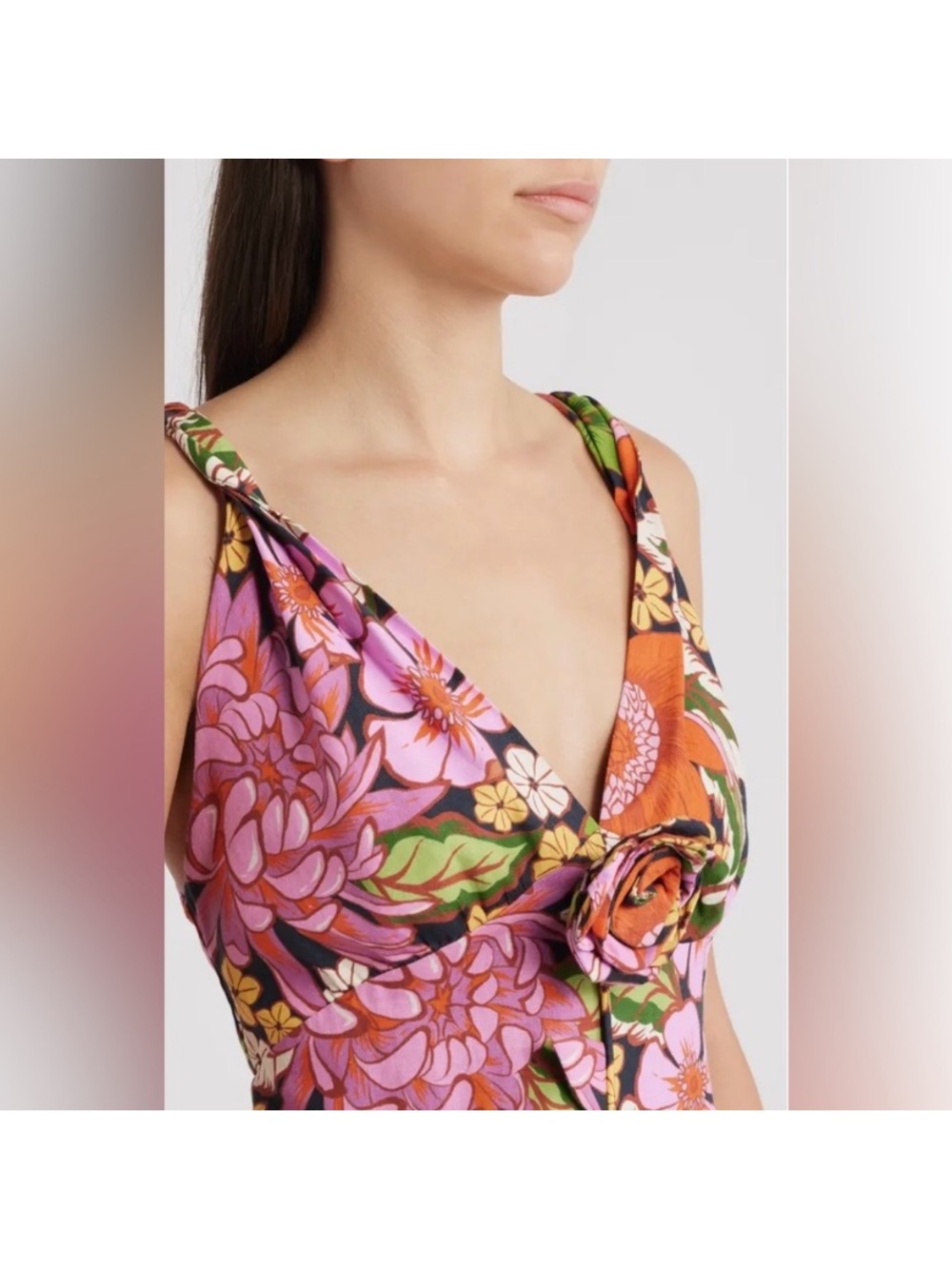 Farm Rio Vivi Rose - Medium New with Tag Floral V-Neck Dress with Rosette Accent